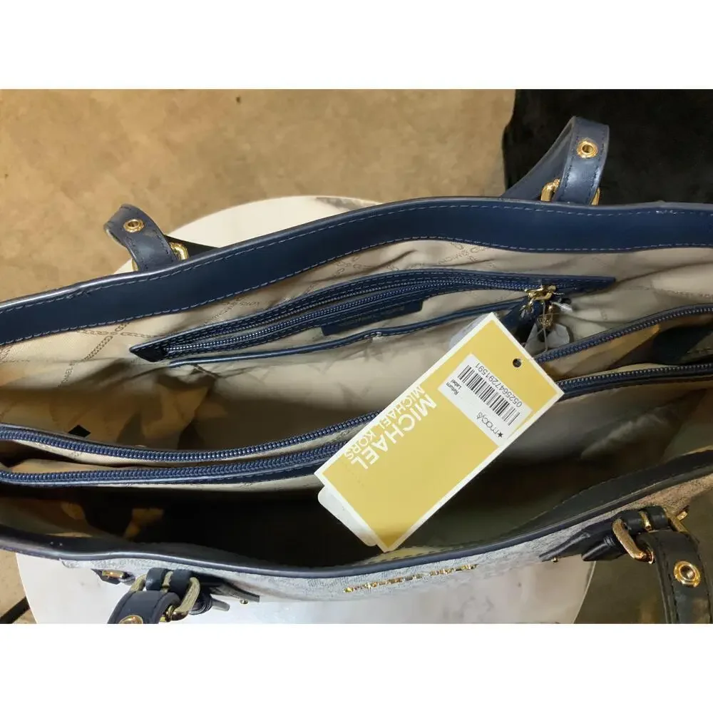 Michael Kors Blue Leather Logo Print Tote Handbag Dual Handles Sz 11x11 Luxe Bag - Picture 11 of 14
